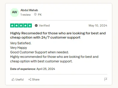 Trustpilot review screenshot by Abdul Wahab Khan praising Hosters.PK support and value