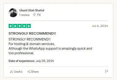 Review card screenshot for Ubaidullah Shahid recommending Hoster.pk for quick, professional support