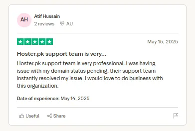 Review card screenshot for Atif Hussain noting instant domain issue resolution by Hoster.pk