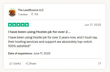 Review card screenshot for Abdul Wahab Sabir praising Hoster.pk's top-notch hosting and support