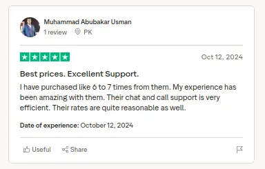 Review card screenshot for Mohammad Abubakar Usman praising Hoster.pk pricing and support